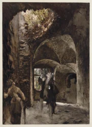 En las ruinas, un señor y una señora están de pie en un rellano de la escalera y miran hacia arriba, hacia un gran agujero en la bóveda.