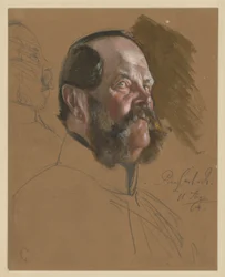 El príncipe Carlos de Prusia, busto, perfil de tres cuartos hacia la derecha visto desde abajo, a la izquierda: rostro de perfil hacia la derecha (tachado), estudio de retrato para «La coronación de Guillermo I en Königsberg»