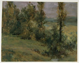 Paisaje con árboles de hoja caduca bajo un cielo sombrío