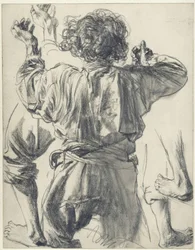 Lorenzo Cocozza de espaldas, con los brazos extendidos hacia delante, y detalles. Estudio de figura para «Piazza d