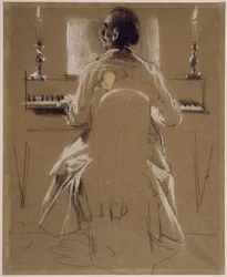 Estudio de modelo (Richard, hermano de Menzel) para Philipp Emanuel Bach al piano o fortepiano. Estudio preparatorio para la pintura «Concierto de flauta de Federico el Grande en Sanssouci»