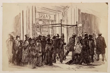Taquilla del teatro, los compradores avanzan desde la derecha hacia la taquilla iluminada y se alejan por la izquierda, para «El cántaro roto» de Heinrich von Kleist