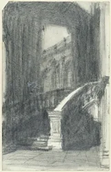 Escalera del pabellón municipal del Zwinger, en Dresde, por la noche