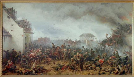 La defensa de la granja La Haye Sainte, Batalla de Waterloo, derrota final de Napoleón (óleo sobre lienzo)