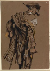 Modelo del artista, vista desde atrás, poniéndose un uniforme del siglo XVIII