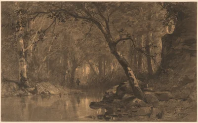 Un río en el bosque con un pescador