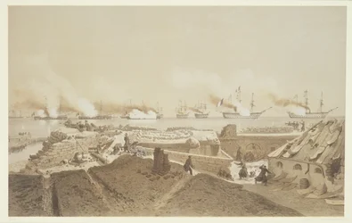 Bombardeo de Kil-Bouroun en la desembocadura del río Dniéper por la flota francesa, de Nuestros Recuerdos de Kil-Bouroun durante el invierno pasado en el Limán del Dniéper, 1855-56, grabado por Eugene Ciceri
