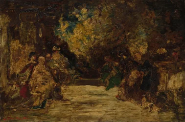 Figuras en una terraza, sin fecha (óleo sobre tabla de madera)