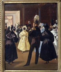 El emperador Alejandro I de Rusia (1777-1825) en un baile de máscaras (Emperador Alejandro I en el baile de máscaras). Recepción festiva de la aristocracia rusa del siglo XIX. Pintura de Adolphe Ladurner (1798-1856), óleo sobre lienzo, alrededor de 1830. A