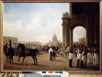 Desfile militar en la Plaza del Palacio de San Petersburgo (Desfile en la Plaza del Palacio de San Petersburgo). Pintura de Adolphe Ladurner (1798-1856), óleo sobre lienzo