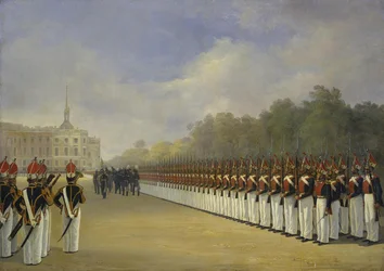 Desfile del Regimiento de la Guardia Pavlovsky en el Campo de Marte en San Petersburgo, 1830s