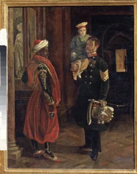 Una Escena En La Corte. Pintura de Adolphe Ladurner (1798-1856), óleo sobre lienzo, alrededor de 1840. Arte francés del siglo XIX. Museo Estatal de Guerra e Historia de Borodino, Moscú.