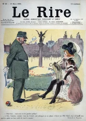 Un soldado y una prostituta en los jardines - ¿por qué tienes las piernas frías? - Sí, viejo, como tú en Crimea, me las congelé en mi camino este invierno al Polo Norte, y caliento mis pobres piernas al buen sol de todos! - dibujo de Adolphe Willette (1857