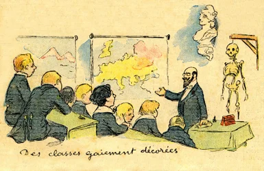 Profesora delante de alumnos uniformados, en una sala "alegremente decorada" (mapas geográficos, busto de Marianne y... ¡esqueleto!) en 1900. Dibujo de A. Wilette en el suplemento ilustrado del Depeche de Toulouse n° 41, 12 de octubre.