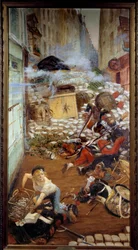 Gavroche tiene la barricada. Ilustración de «Los miserables» de Victor Hugo (1802-1885). Pintura de Adolphe Willette (1857-1926), siglo XIX, París, Maison Victor Hugo