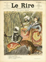 Ilustración de Adolphe dit Willette (1857-1926) para la portada de Le Rire, 08/05/09 - Animales feroces - Antifeminismo, Pasatiempos, Caza, India, India Inglesa, Animales - Elefante, Mujeres, Tigre