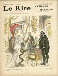 Ilustración de Adolphe dit Willette (1857-1926) para la Portada de Le Rire, 22/02/13 - Presidente de la República, Sombrero, Elíseo, Sillón (símbolo de poder) - Poinscare Raymond