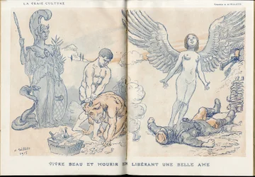 Ilustración de Adolphe dit Willette (1857-1926) en "Fantasio", 01/05/15 - Vivir hermoso y morir liberando un alma hermosa - Guerra del 14-18, Muertos cadáveres, Barbarie/Kultur, Mermelada de Calavera - Soldados