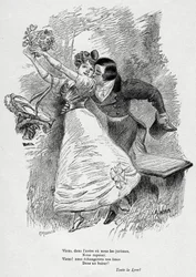 Dos amantes: «¡Ven e intercambiemos nuestras almas en un beso!» Ilustración de Willette para el poema de Victor Hugo «L