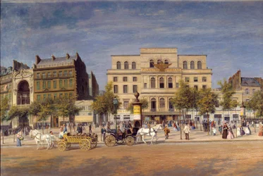 Vista general de los teatros del boulevard du temple antes de la perforación del Boulevard Prince Eugene, detalle de los carruajes parisinos frente al Teatro Imperial