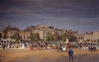 Vista general de los teatros del bulevar del templo antes de la apertura del Bulevar del Príncipe Eugenio, detalle del hombre con látigo. Pintura de Adolphe Potemont (1828-1883)