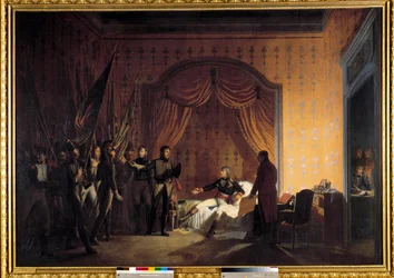 Primera Campaña de Italia (1796-1797): “Napoleón Bonaparte (1769-1821) recibiendo en Millesimo las banderas austrosardas tomadas en la Batalla de Montenotte y la Captura de Cossaria presentadas por los generales Marmont y Jean Andoche Junot (1771-1813)