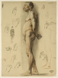 Dibujo al natural de un hombre barbudo (tiza sobre papel)