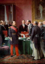 Emperador Napoleón III (1808-1873) entregando a Barón Georges Haussmann (1809-1891) el decreto de anexión de los municipios vecinos en junio de 1859
