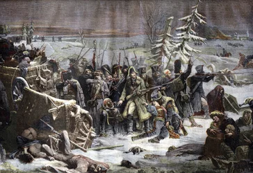 El mariscal Michel Ney (1769-1815) en retirada de Rusia en 1812. Grabado según una pintura de Yvon.