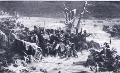 El Mariscal Ney apoyando la retaguardia durante la retirada de Moscú, ilustración de Hitos en la Historia Europea publicada por Gresham Publishing Co, c.1920 (litografía)