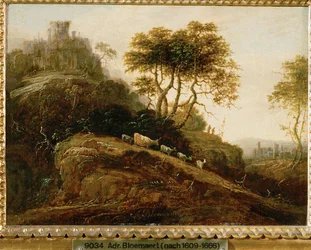 Paisaje de montaña (pintura sobre madera de roble)