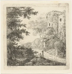 Paisaje con figuras en las ruinas de un castillo.