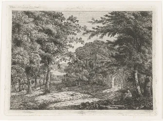 Paisaje con capilla entre árboles y monje leyendo