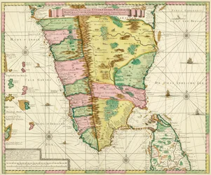 Mapa del sur de India y Ceilán, basado en una obra realizada circa 1720 por el cartógrafo holandés Adriaan Reland