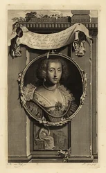 Isabel Estuardo, Reina de Bohemia, Electora del Palatinado, esposa de Federico V, el Rey de Invierno. Isabel, Reina de Bohemia. Vestido con mangas acanaladas, cuello de encaje con perlas. Viñeta de una mujer contemplando una corona caída. Grabado en cobre