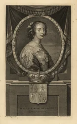 Henrietta Maria de Francia, esposa del rey Carlos I de Inglaterra. Henriette María de Francia. Con vestido con cuello de encaje y collar de perlas. Con corona y escudo de armas. Grabado al cobre de Charles Simonneau según Adriaen van der Werff a partir de 