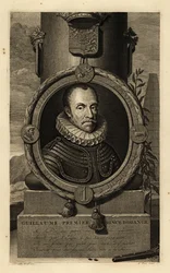 Guillermo I, Príncipe de Orange, Guillermo el Silencioso o Guillermo el Taciturno. Guillaume, Príncipe de Orange. Con armadura y gorguera de encaje, escudo de armas arriba, pistola de pedernal y perdigones de plomo abajo. Grabado al cobre de Gerard Valck s