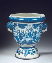 Gran urna de jardín mitológica azul y blanca de Delft en estilo barroco, c.1700