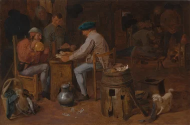 Jugadores de cartas y carousers (óleo sobre tabla)