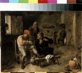 ""Escena en la taberna de un pueblo"" (Escena de la taberna (El violinista del pueblo)) Pintura de Adriaen Brouwer (circa 1605-1638) 1634-1638 Dim. 25x33,5 cm Museo del Hermitage, San Petersburgo