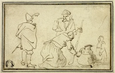 Dos soldados, mujer con jarra y niño