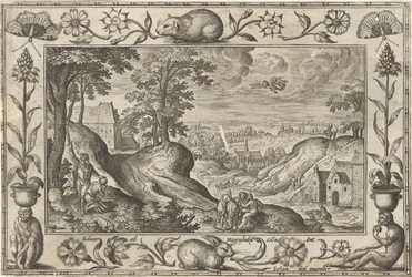 Abraham sacrifica a Isaac Paisajes con escenas bíblicas, mitológicas y escenas de caza (título de la serie)