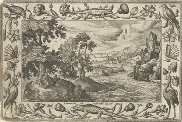 Apóstol Juan en Patmos Paisajes con escenas bíblicas, mitológicas y escenas de caza (título de la serie)
