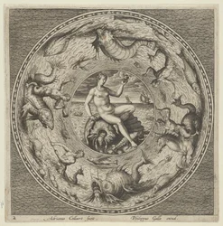 Diseño para un plato con Tetis en una concha en un medallón bordeado por monstruos marinos, c. 1600
