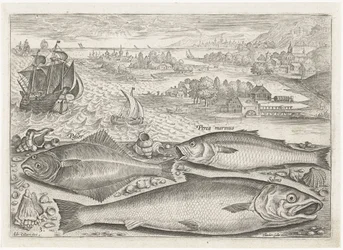 Tres peces en la playa Pesca (título de la serie) Iconos de Piscium vivae (título de la serie)