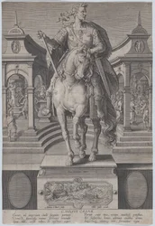 Placa 1: estatua ecuestre de Julio César, vista desde el frente, con una escena de..., ca. 1587-89