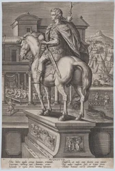 Placa 2: estatua ecuestre de Augusto, sosteniendo un globo y vista desde atrás, ca. 1587-89