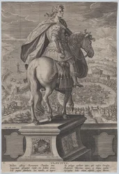 Placa 5: estatua ecuestre de Claudio, vista desde atrás, una competencia naval en ri..., ca. 1587-89