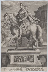 Placa 7: estatua ecuestre de Galba, de perfil a la izquierda, con una escena de decapitación..., ca. 1587-89