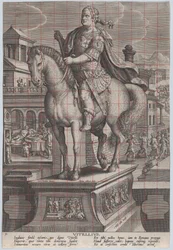 Placa 9: estatua ecuestre de Vitelio, vista tres cuartos a la izquierda, ca. 1587-89